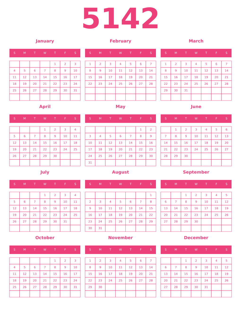 Printable 5142 Year Calendars pink