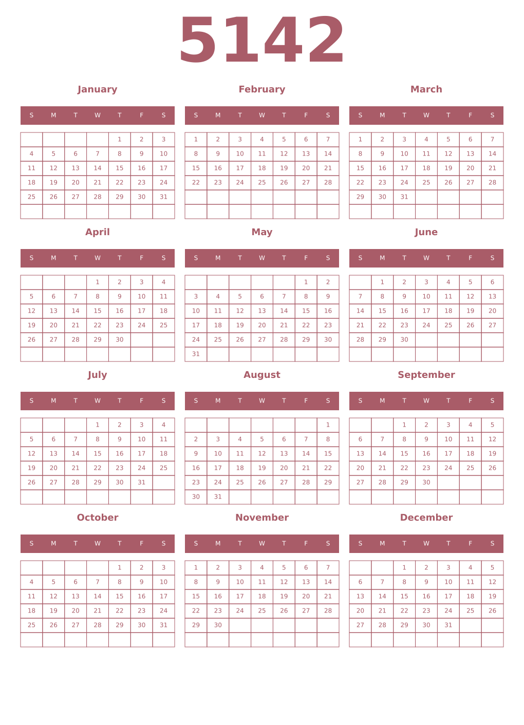 Printable 5142 Year Calendars puce