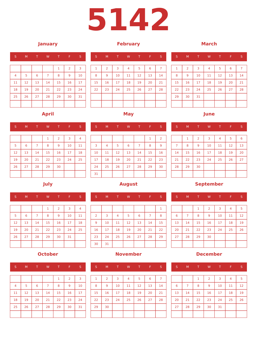 Printable 5142 Year Calendars red