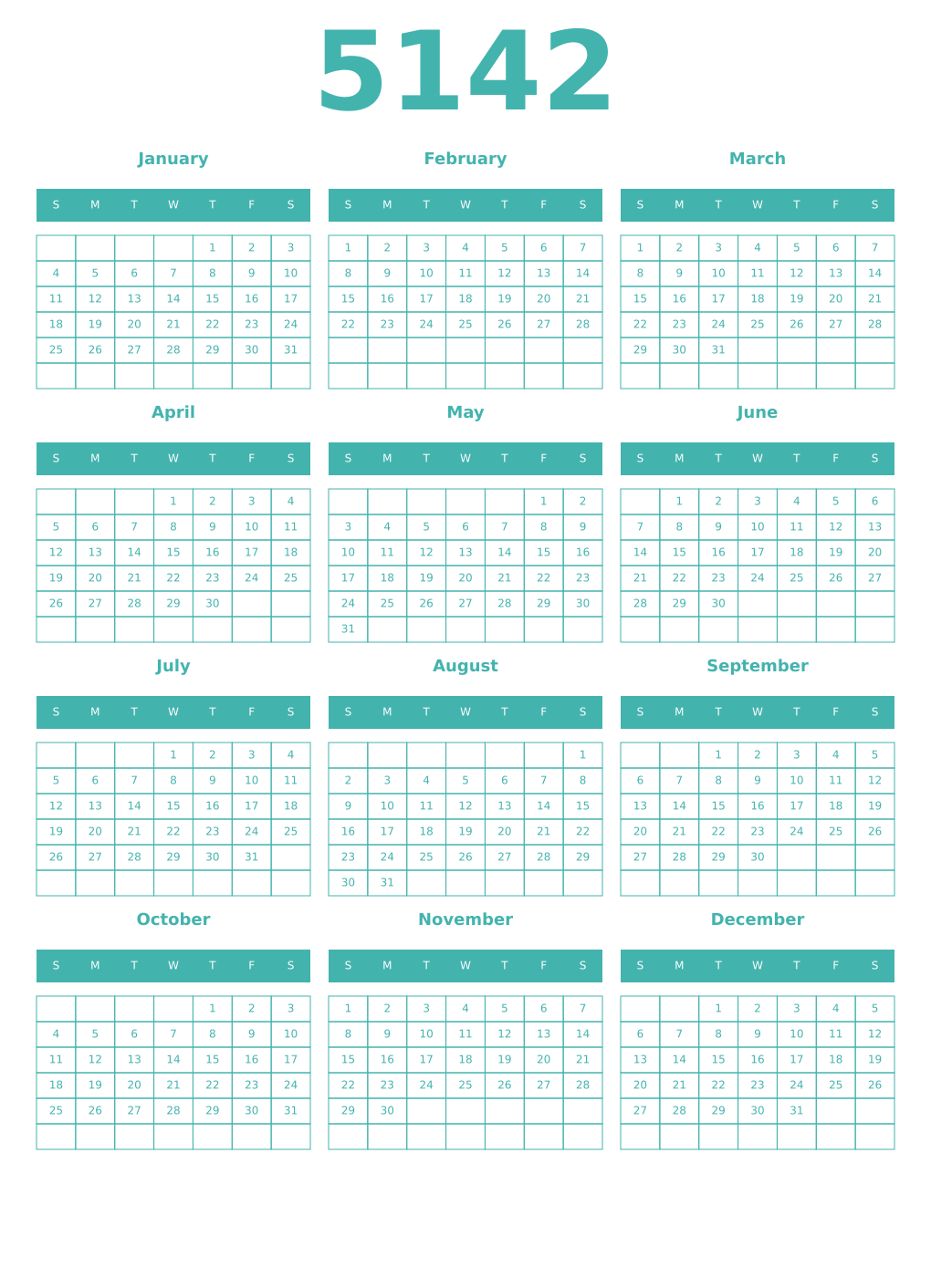 Printable 5142 Year Calendars verdigris