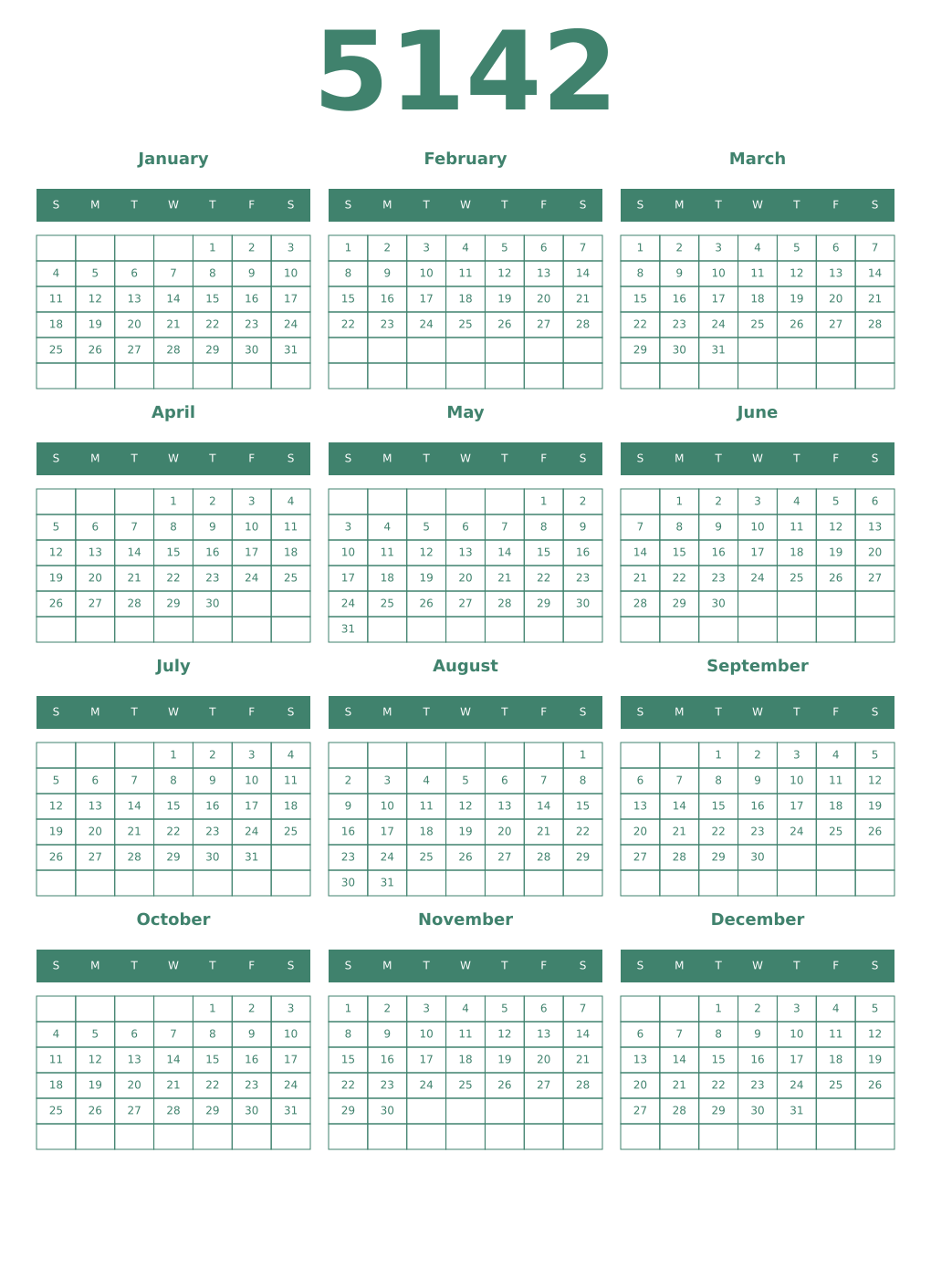 Printable 5142 Year Calendars viridian