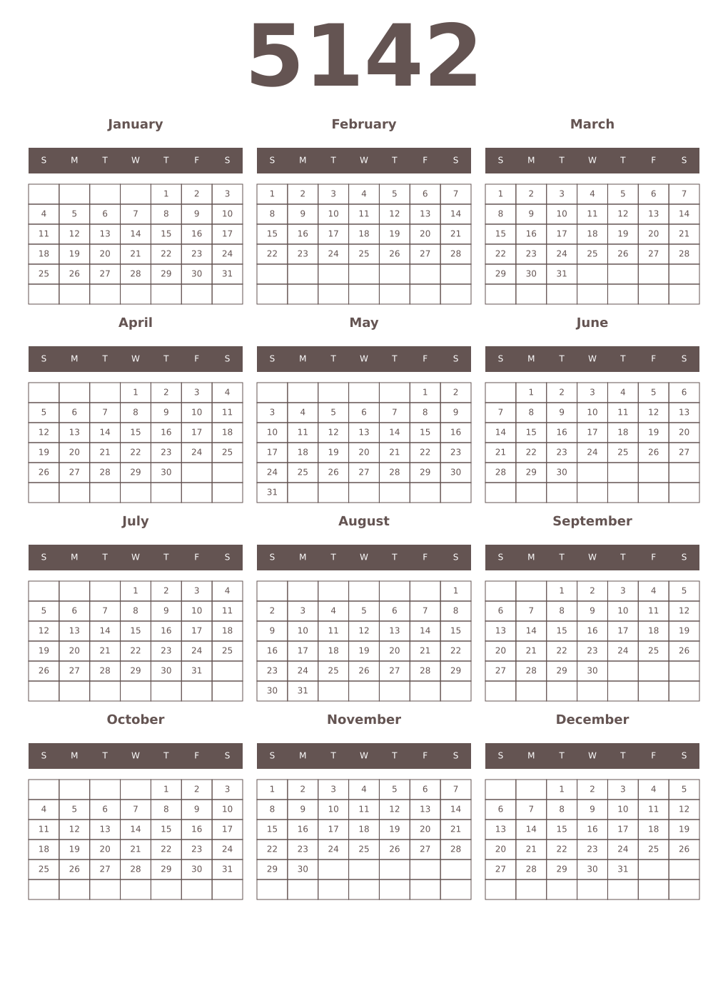Printable 5142 Year Calendars wenge