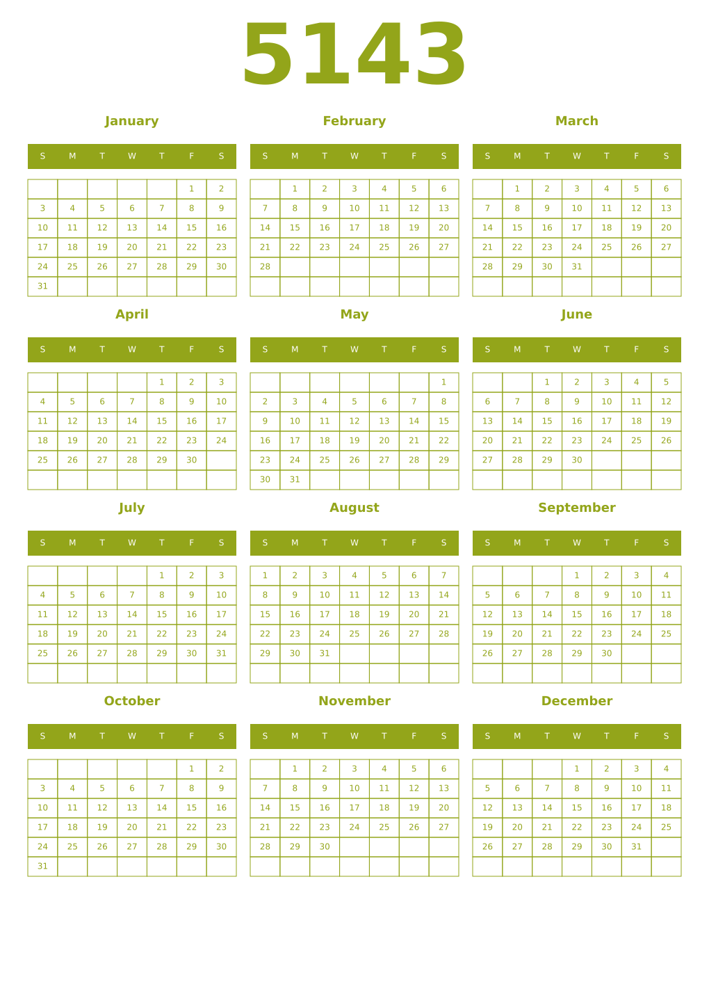 Printable 5143 Year Calendars chartreuse