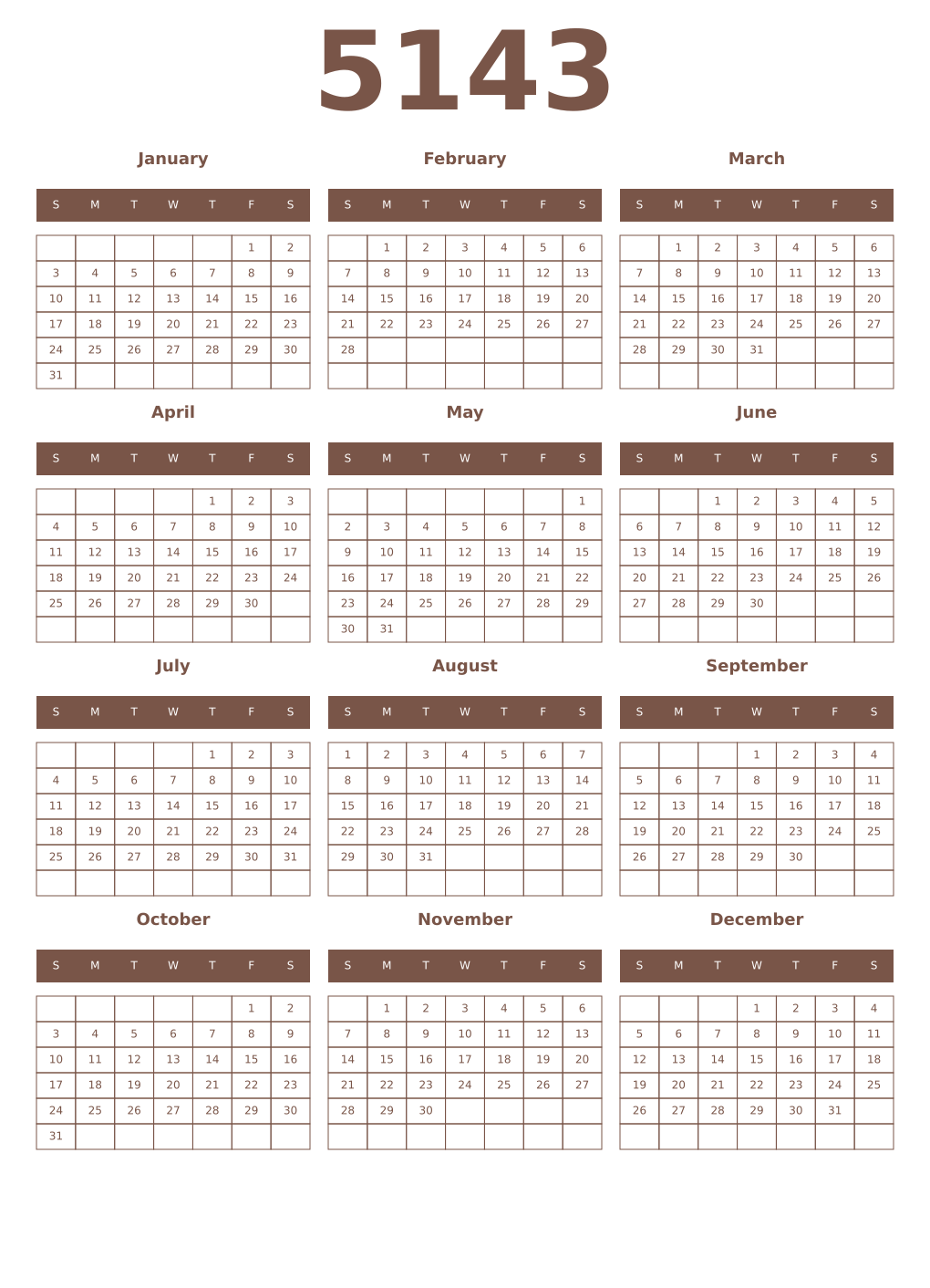 Printable 5143 Year Calendars coffe