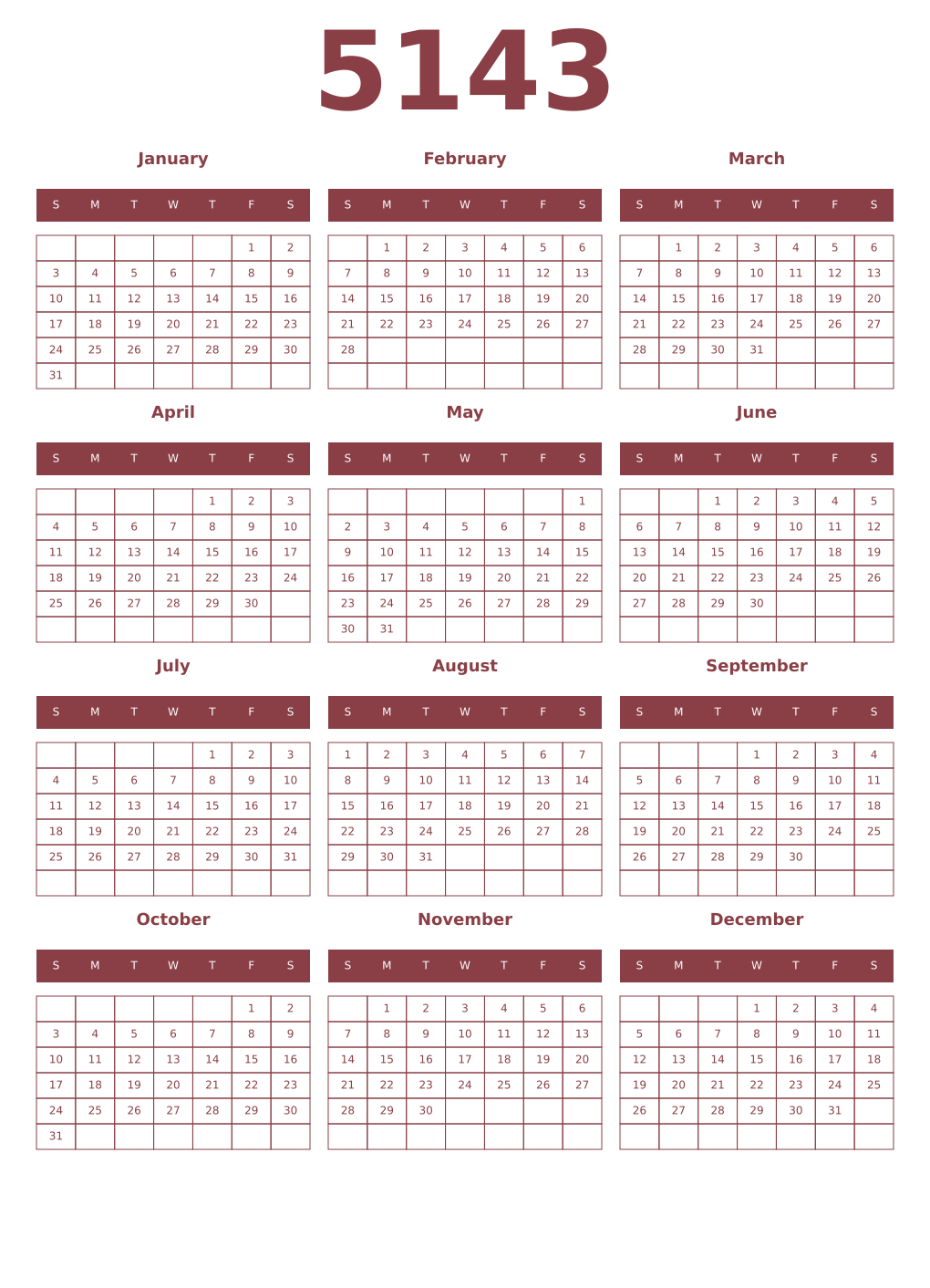 Printable 5143 Year Calendars cordovan