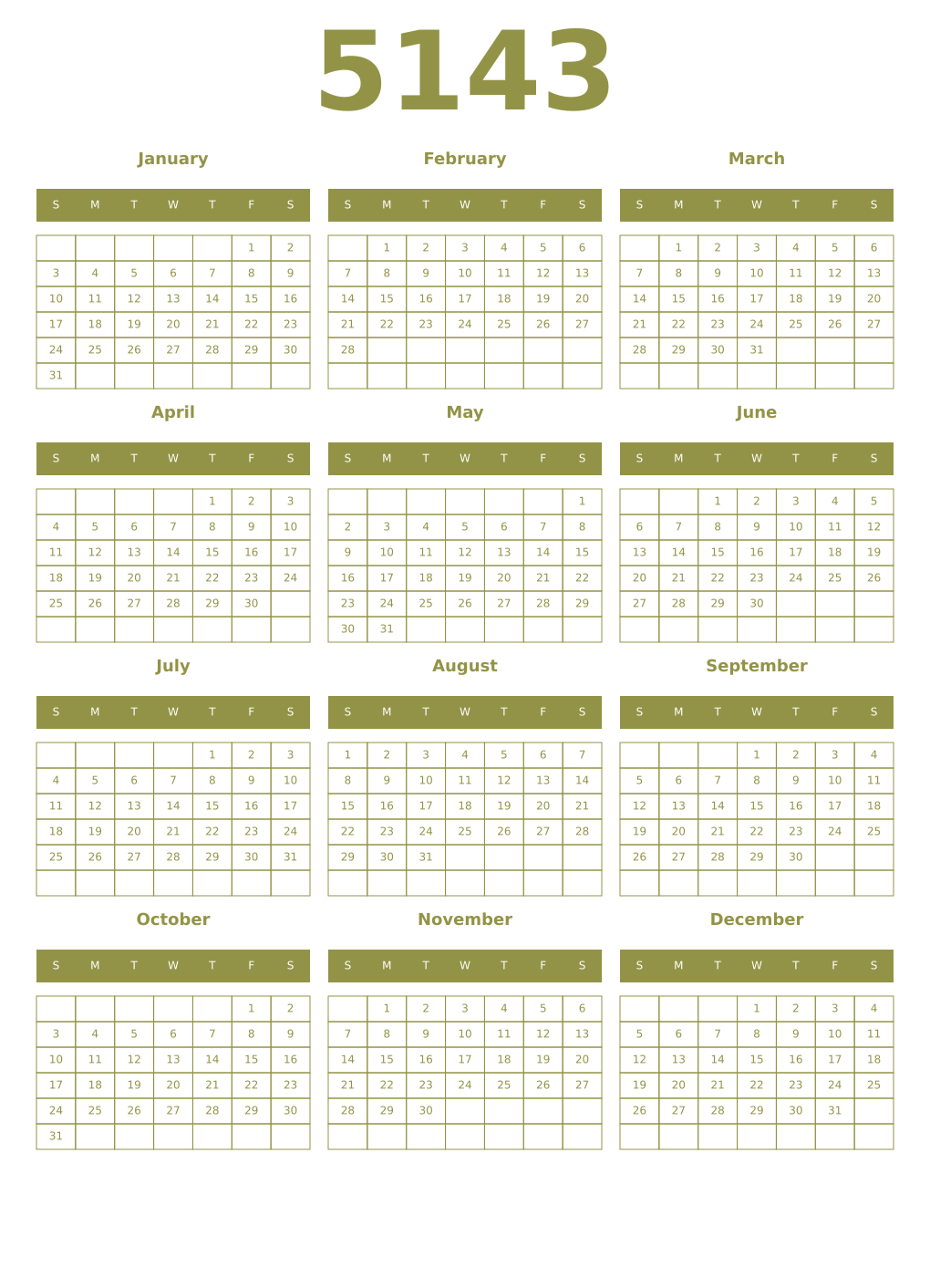 Printable 5143 Year Calendars eburnean
