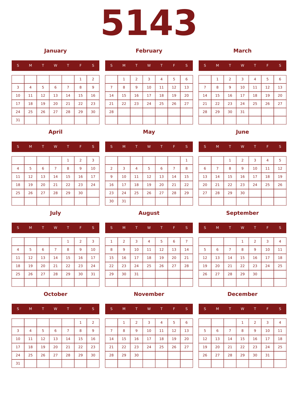 Printable 5143 Year Calendars falu
