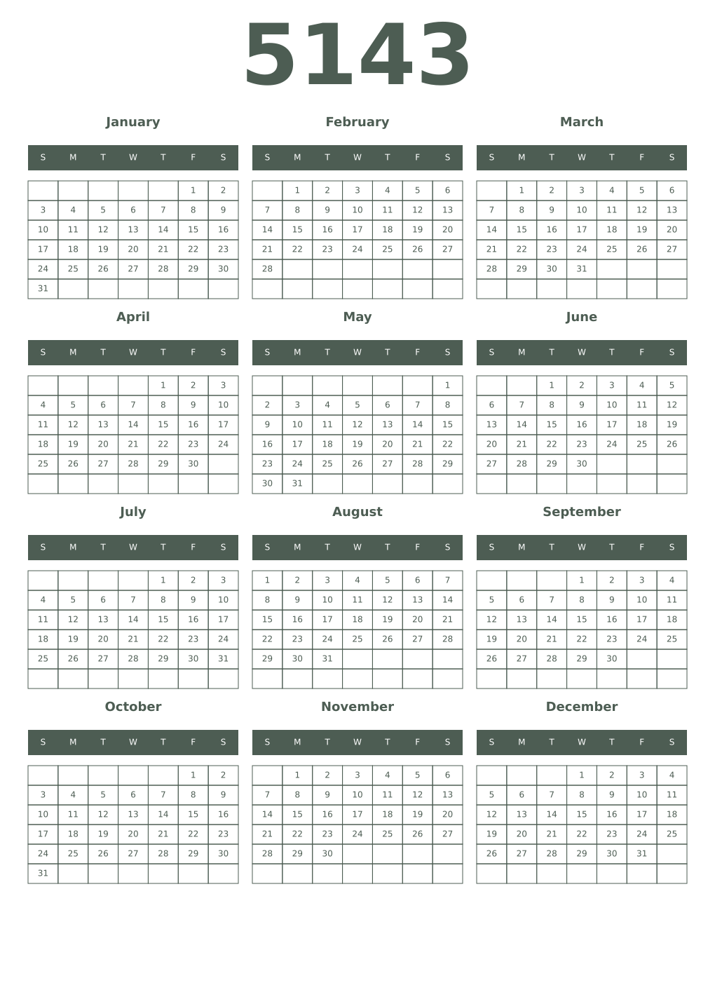 Printable 5143 Year Calendars feldgrau
