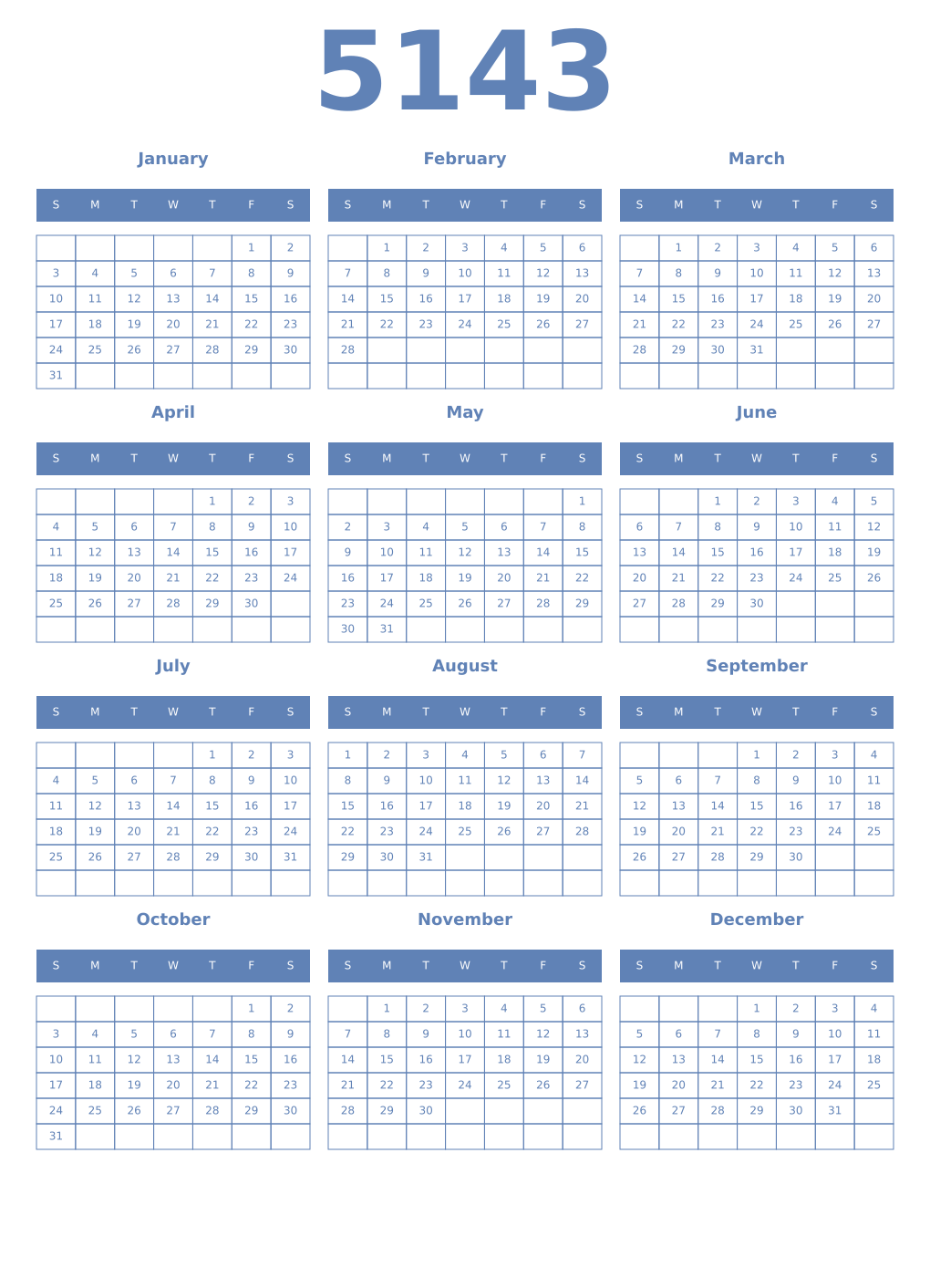 Printable 5143 Year Calendars glaucous