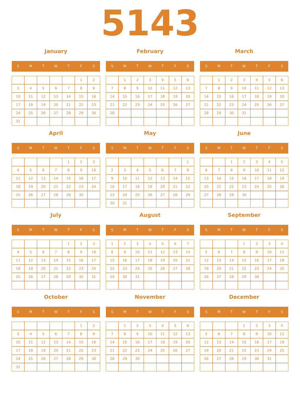 Printable 5143 Year Calendars orange