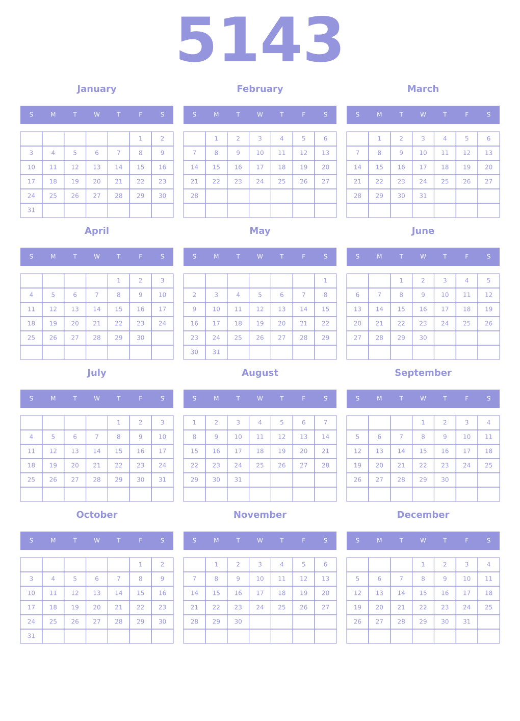 Printable 5143 Year Calendars periwinkle