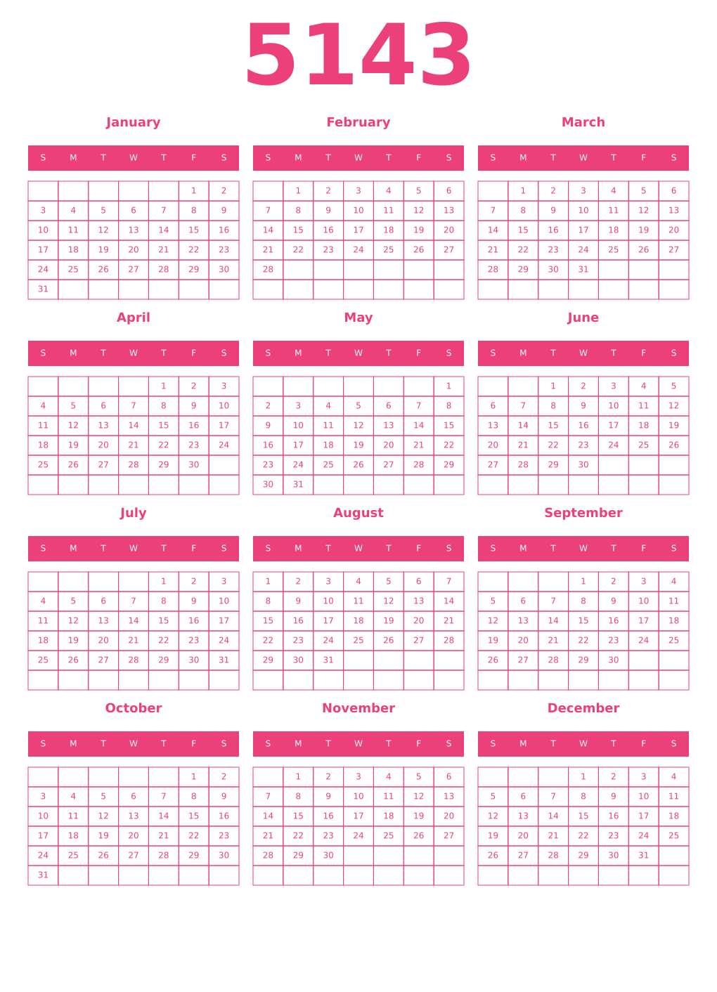 Printable 5143 Year Calendars pink