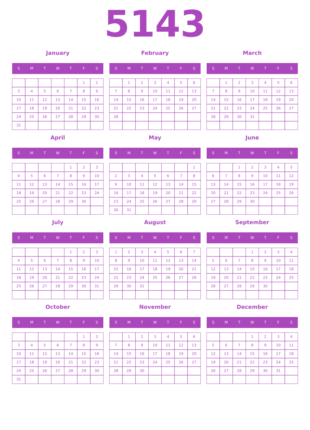 Printable 5143 Year Calendars purple