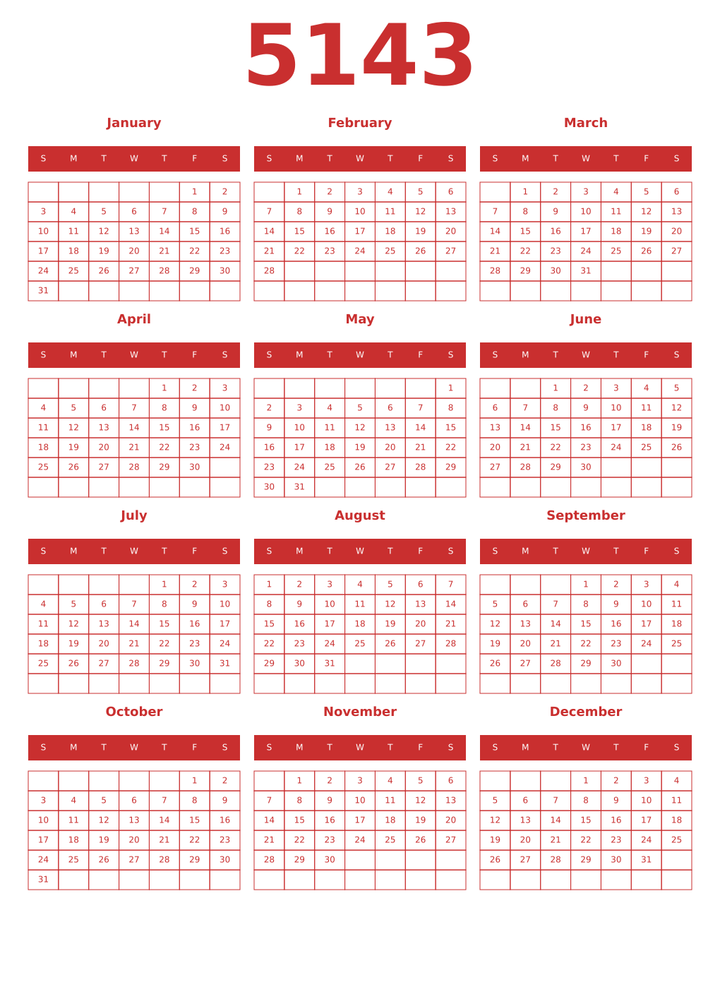 Printable 5143 Year Calendars red