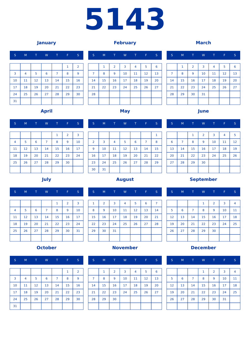 Printable 5143 Year Calendars smalt