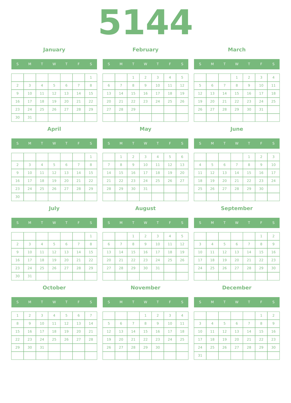 Printable 5144 Year Calendars celadon