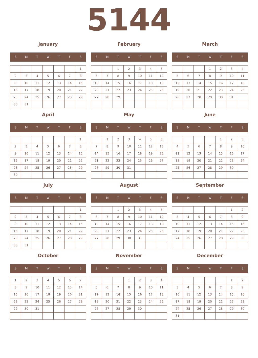 Printable 5144 Year Calendars coffe