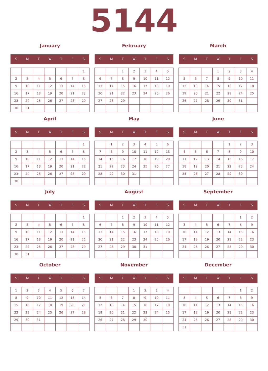 Printable 5144 Year Calendars cordovan