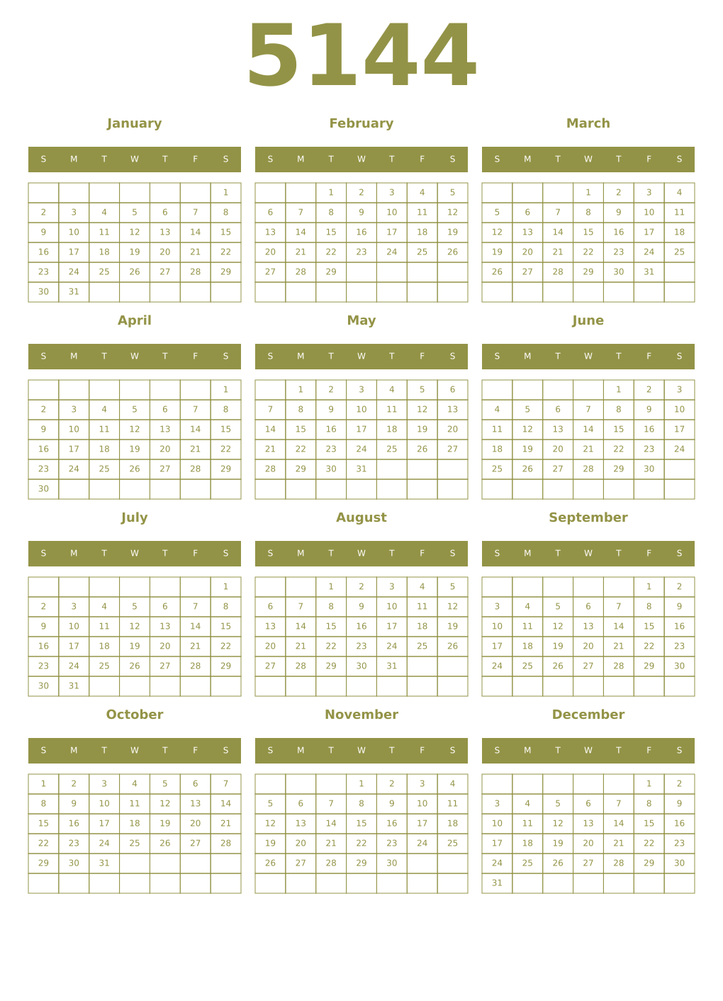 Printable 5144 Year Calendars eburnean