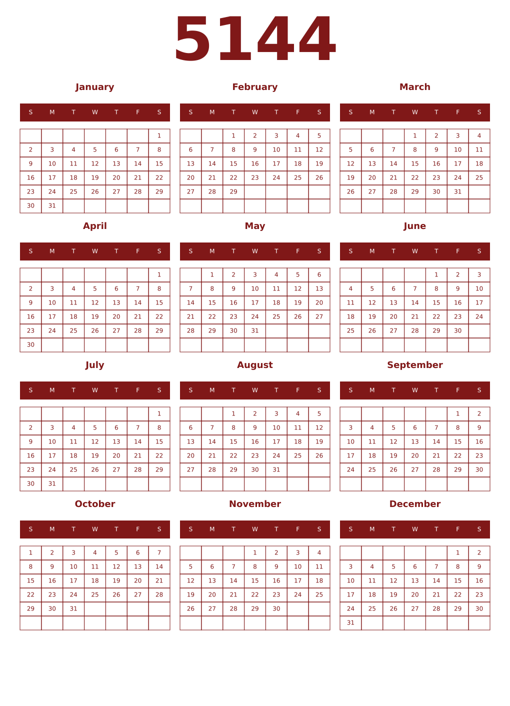 Printable 5144 Year Calendars falu
