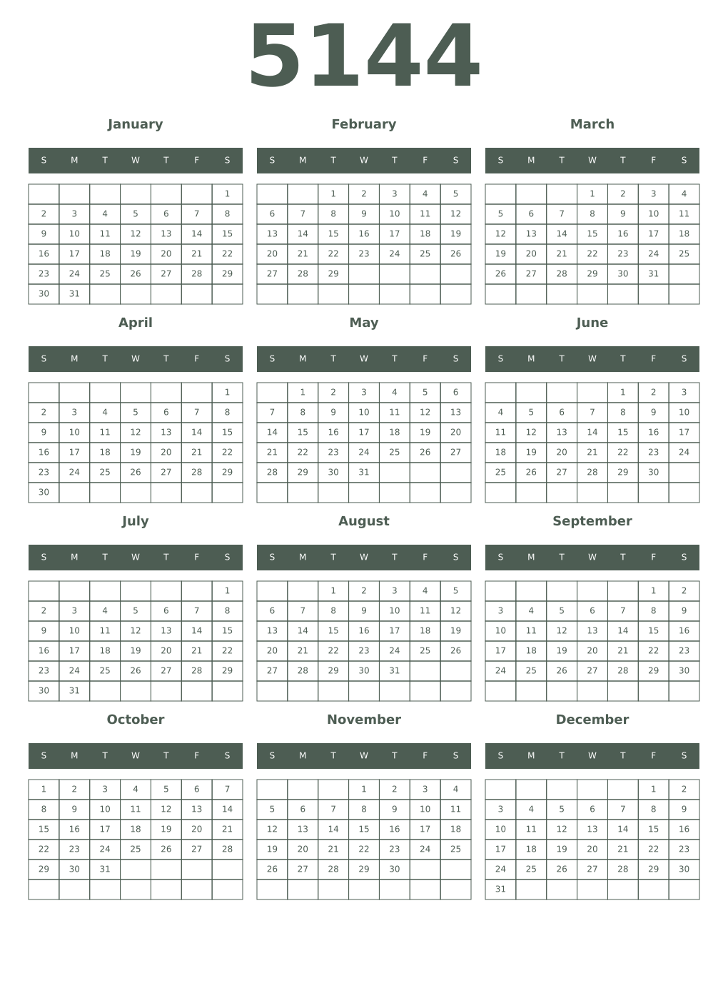 Printable 5144 Year Calendars feldgrau