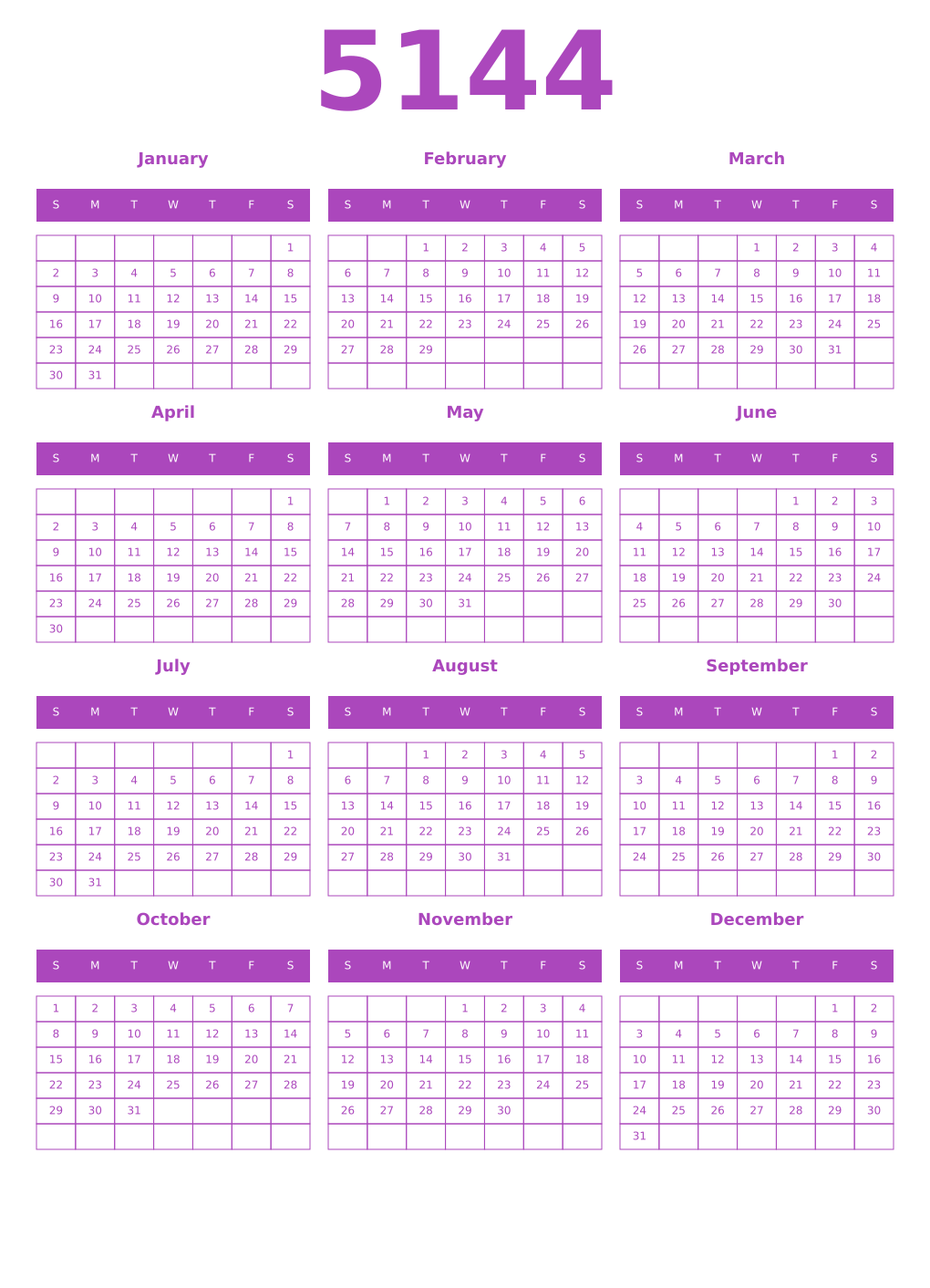 Printable 5144 Year Calendars purple
