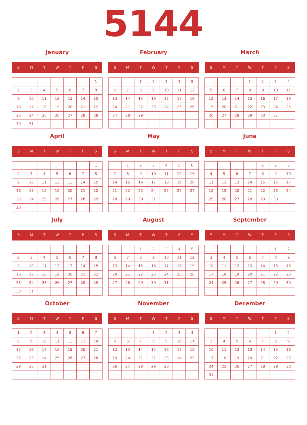 Printable 5144 Year Calendars red