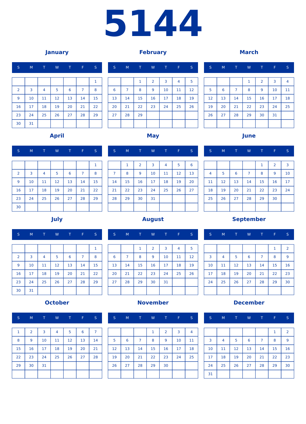 Printable 5144 Year Calendars smalt