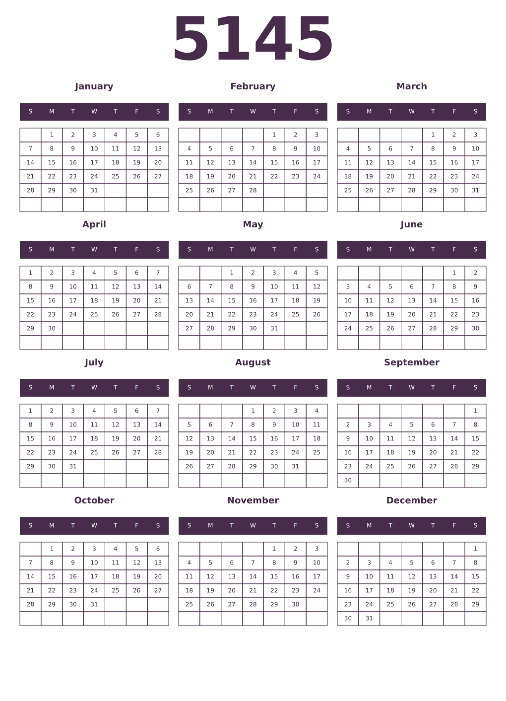 Printable 5145 Year Calendars aubergine