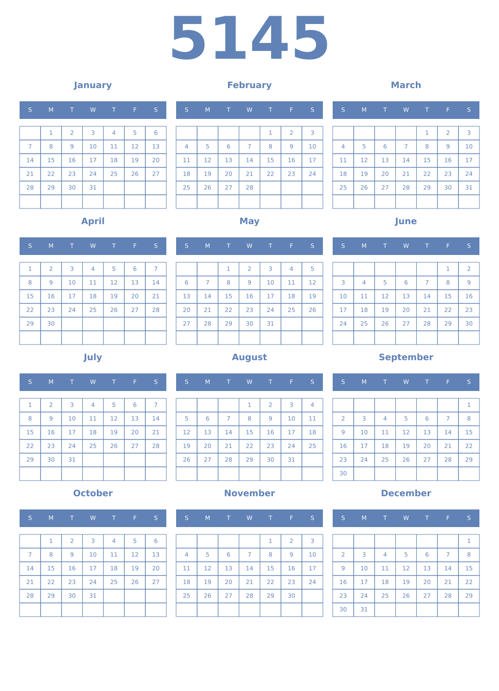 Printable 5145 Year Calendars glaucous