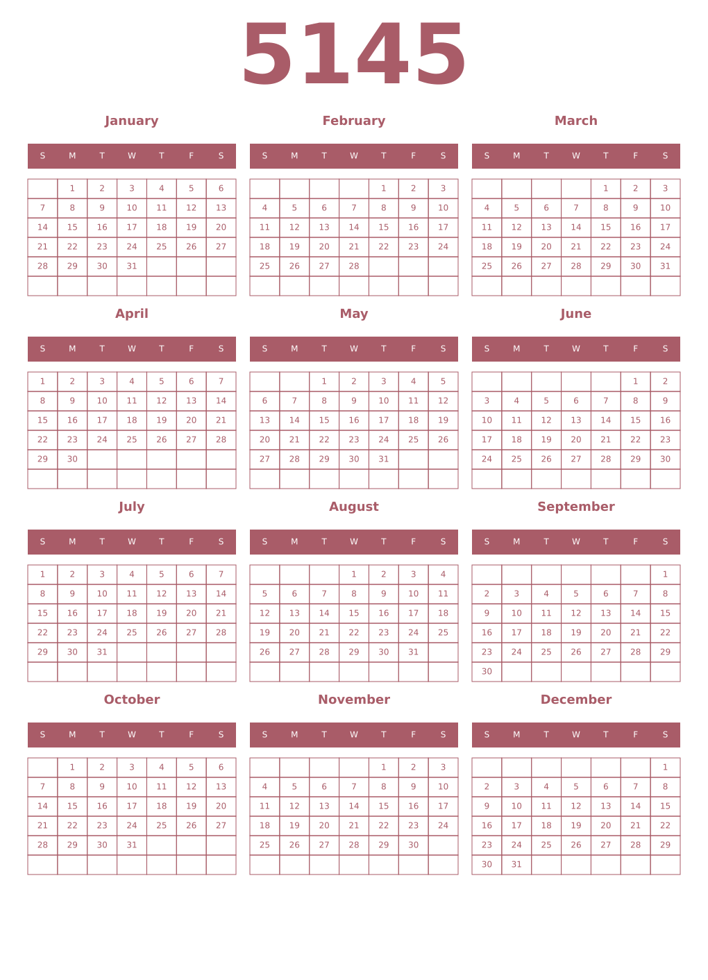 Printable 5145 Year Calendars puce