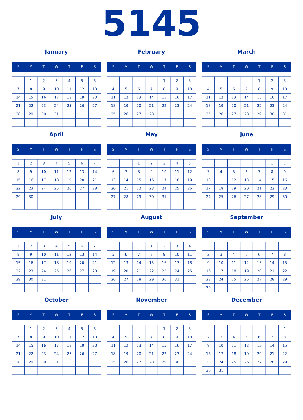 Printable 5145 Year Calendars smalt