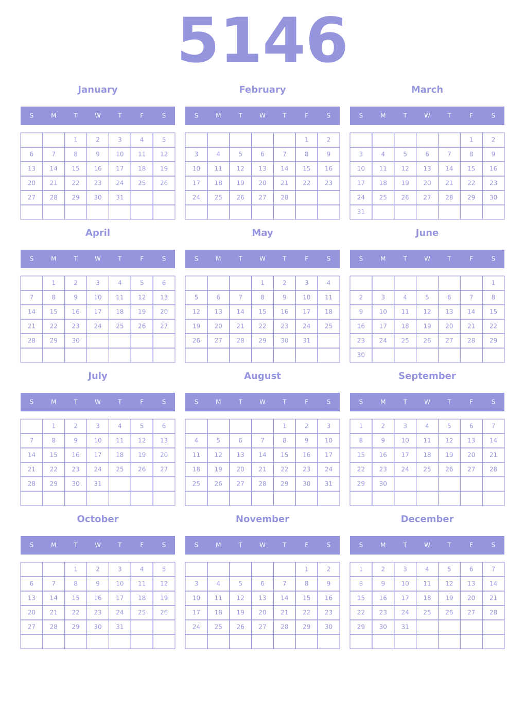 Printable 5146 Year Calendars periwinkle