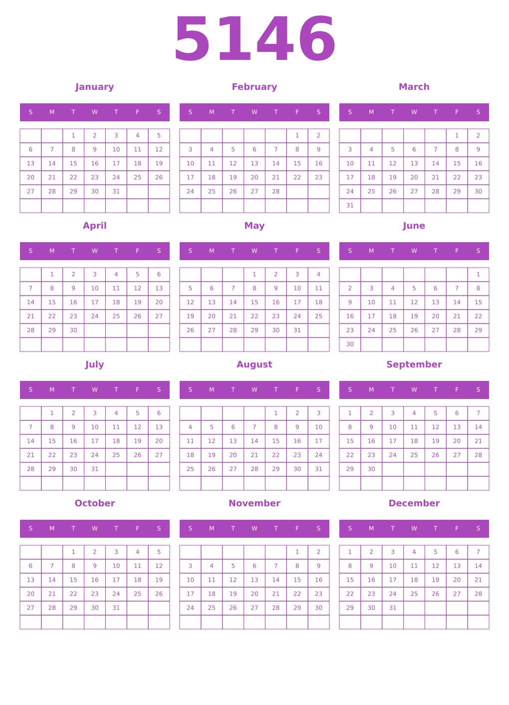 Printable 5146 Year Calendars purple