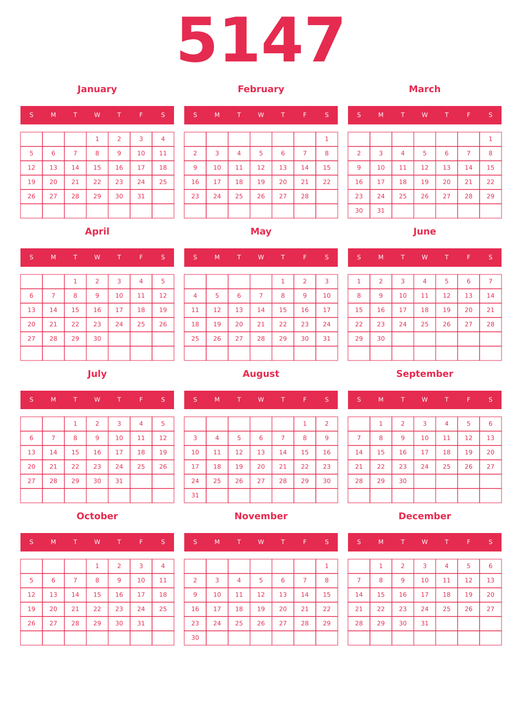 Printable 5147 Year Calendars amaranth