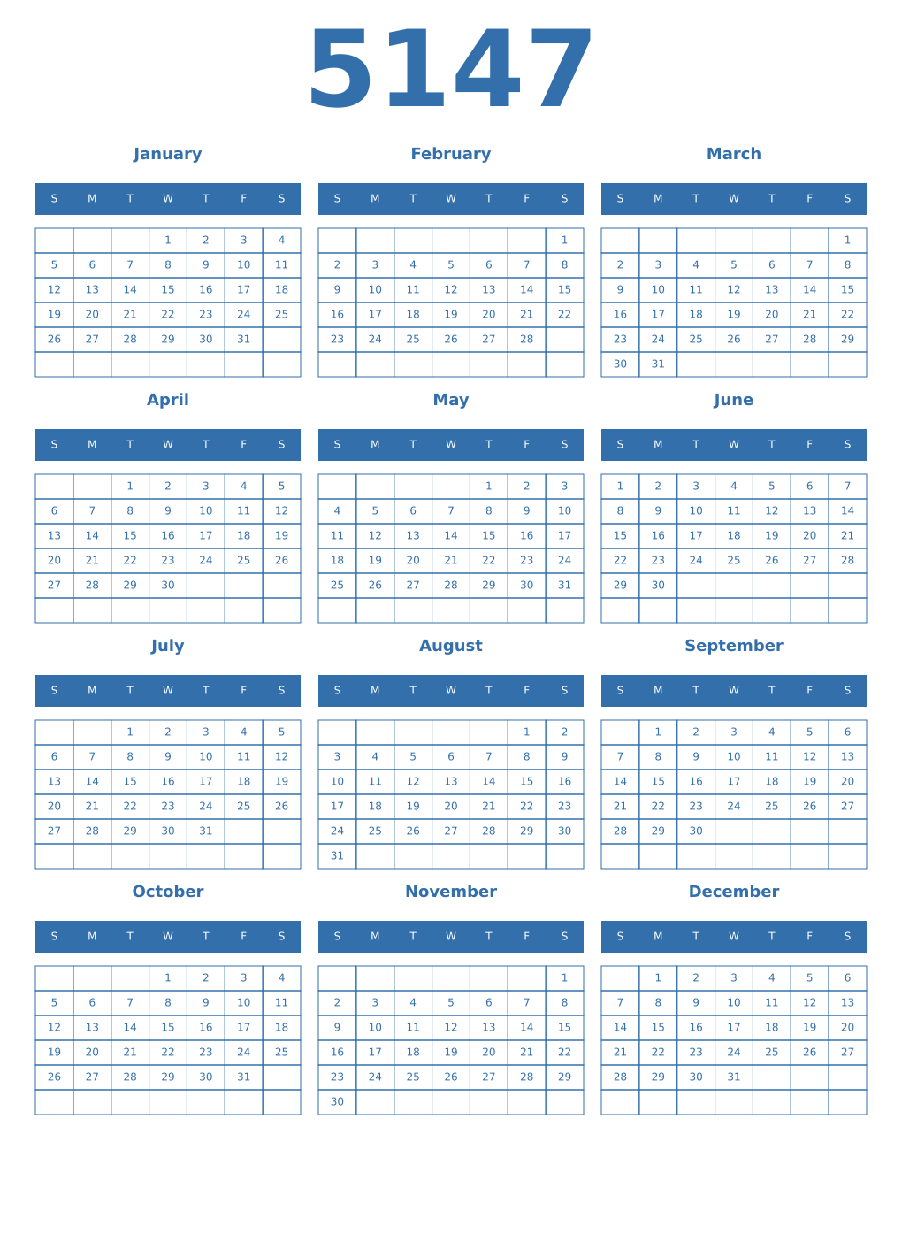 Printable 5147 Year Calendars blue