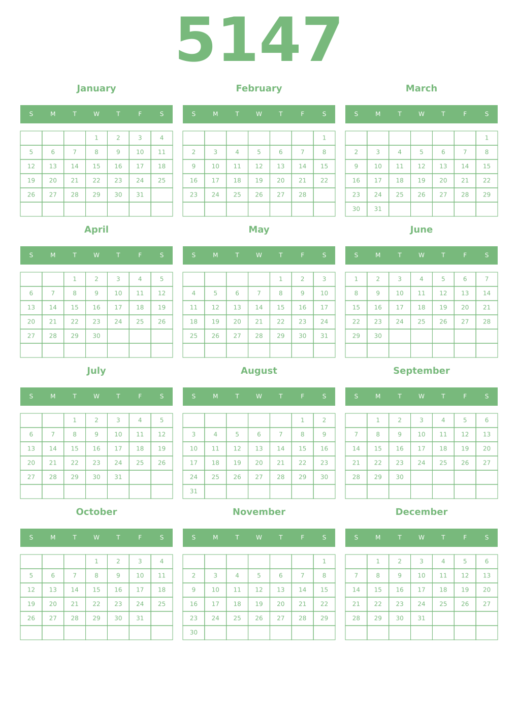 Printable 5147 Year Calendars celadon