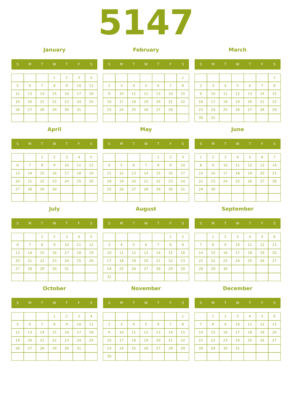 Printable 5147 Year Calendars chartreuse