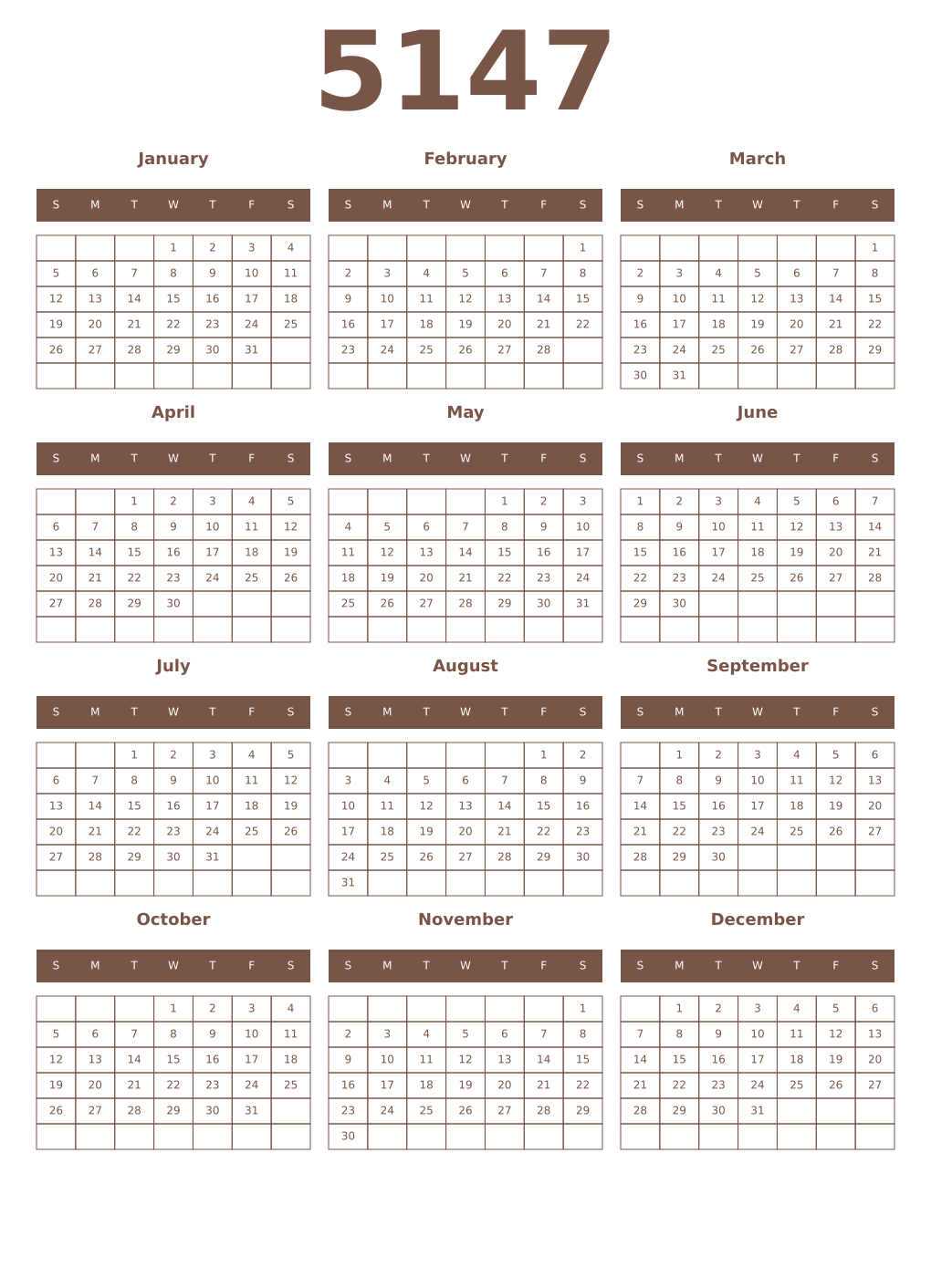 Printable 5147 Year Calendars coffe