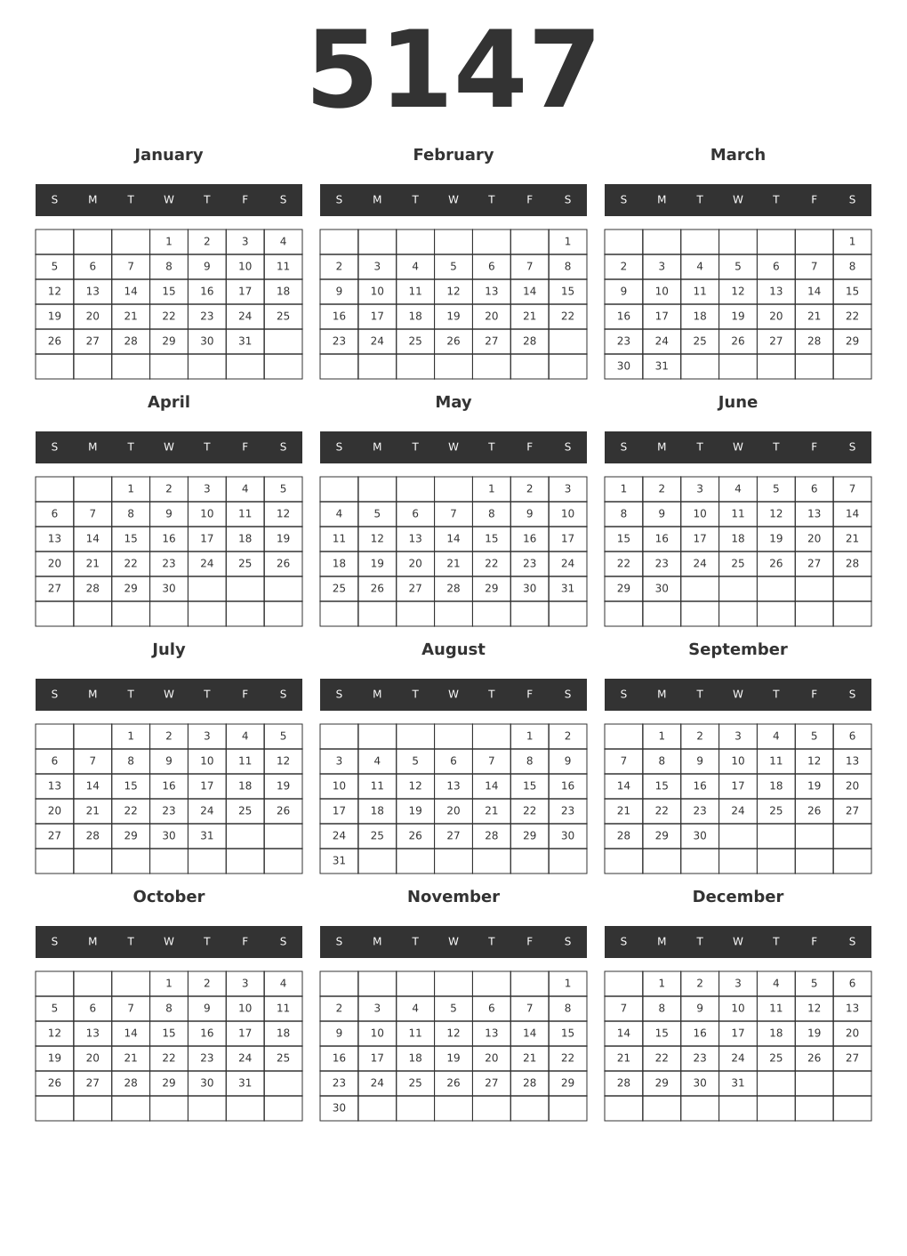 Printable 5147 Year Calendars dark