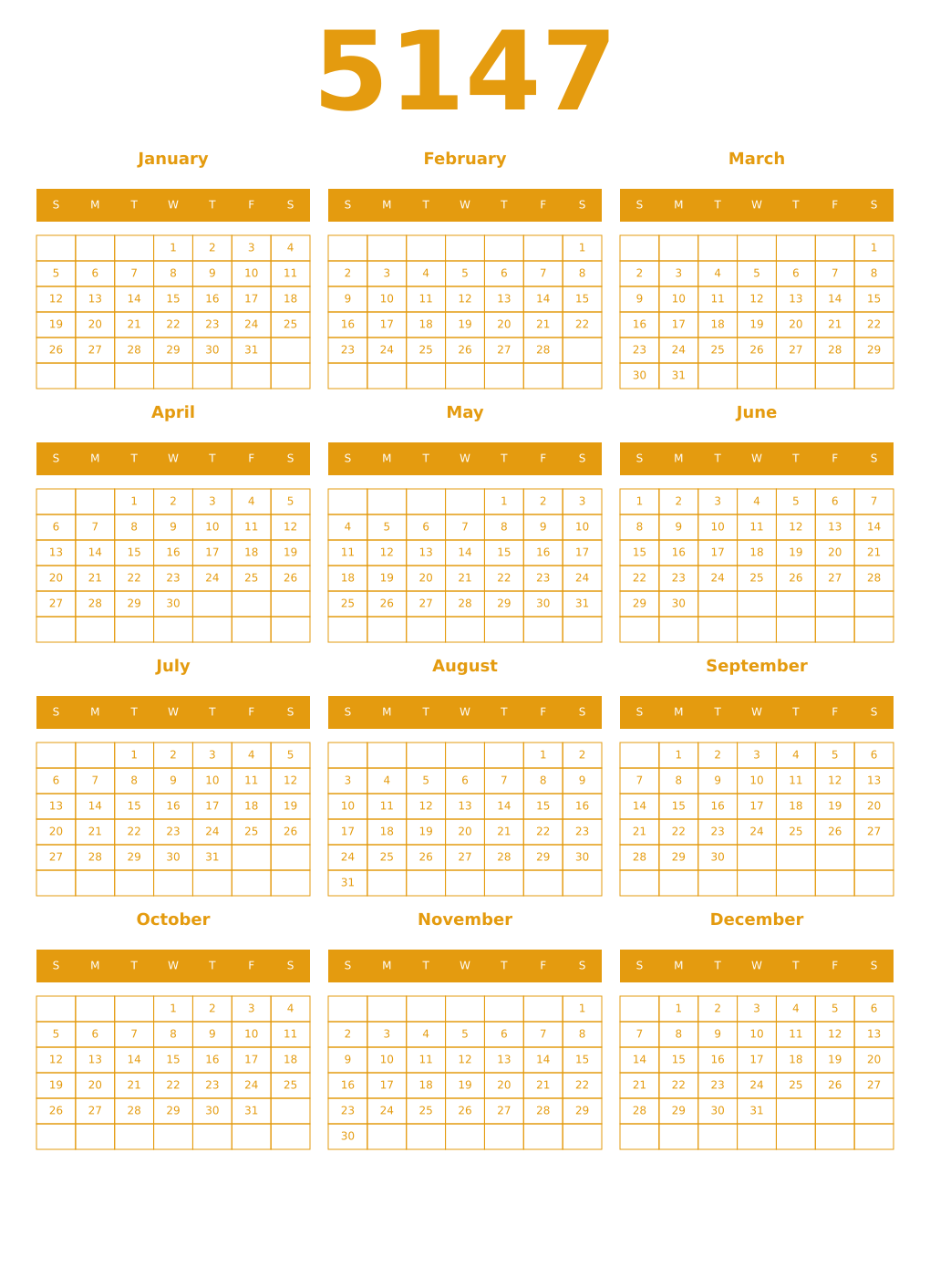 Printable 5147 Year Calendars gamboge
