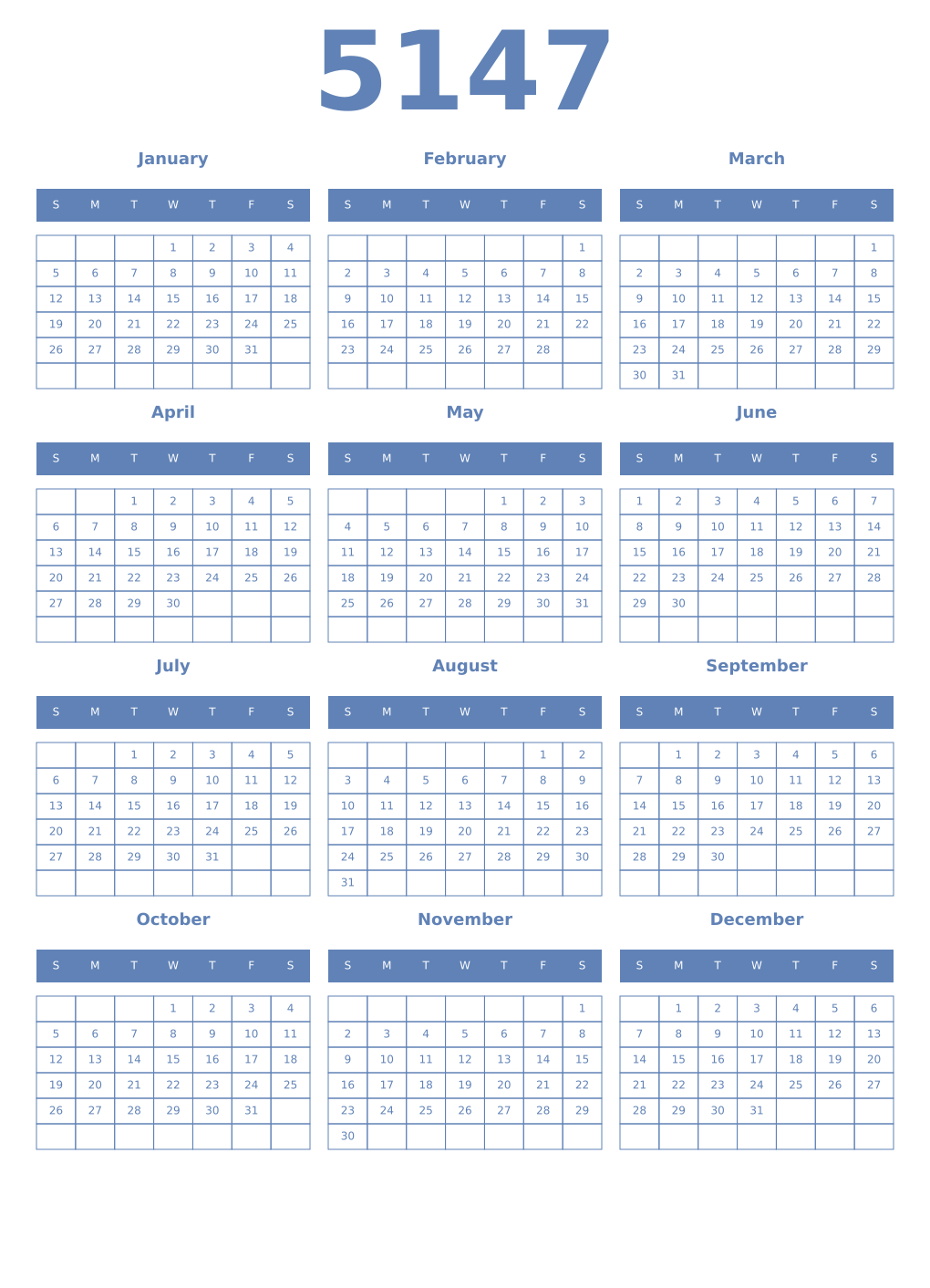 Printable 5147 Year Calendars glaucous