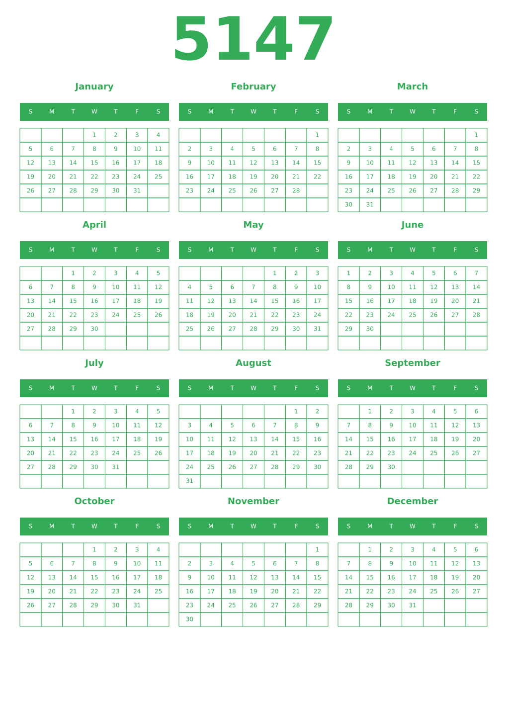 Printable 5147 Year Calendars green
