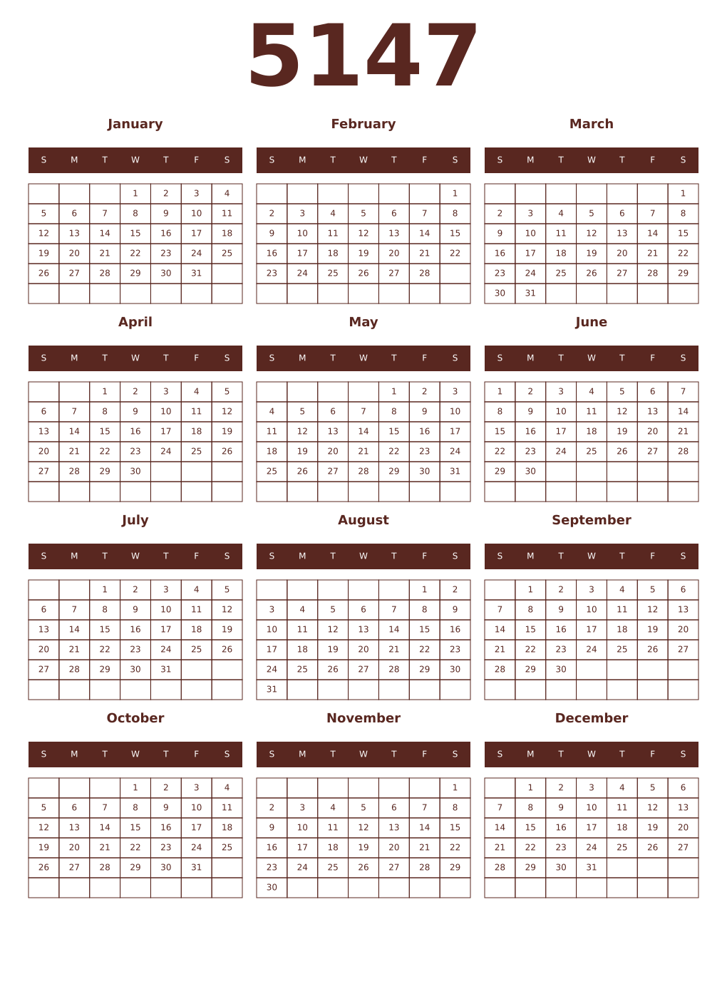 Printable 5147 Year Calendars mortuum