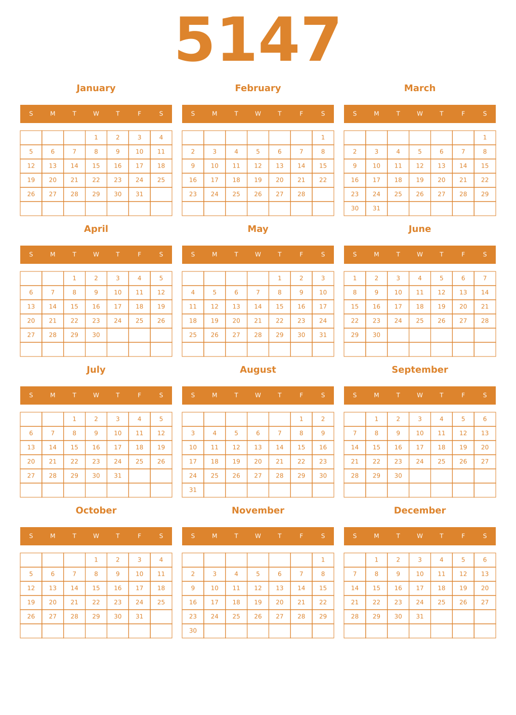 Printable 5147 Year Calendars orange