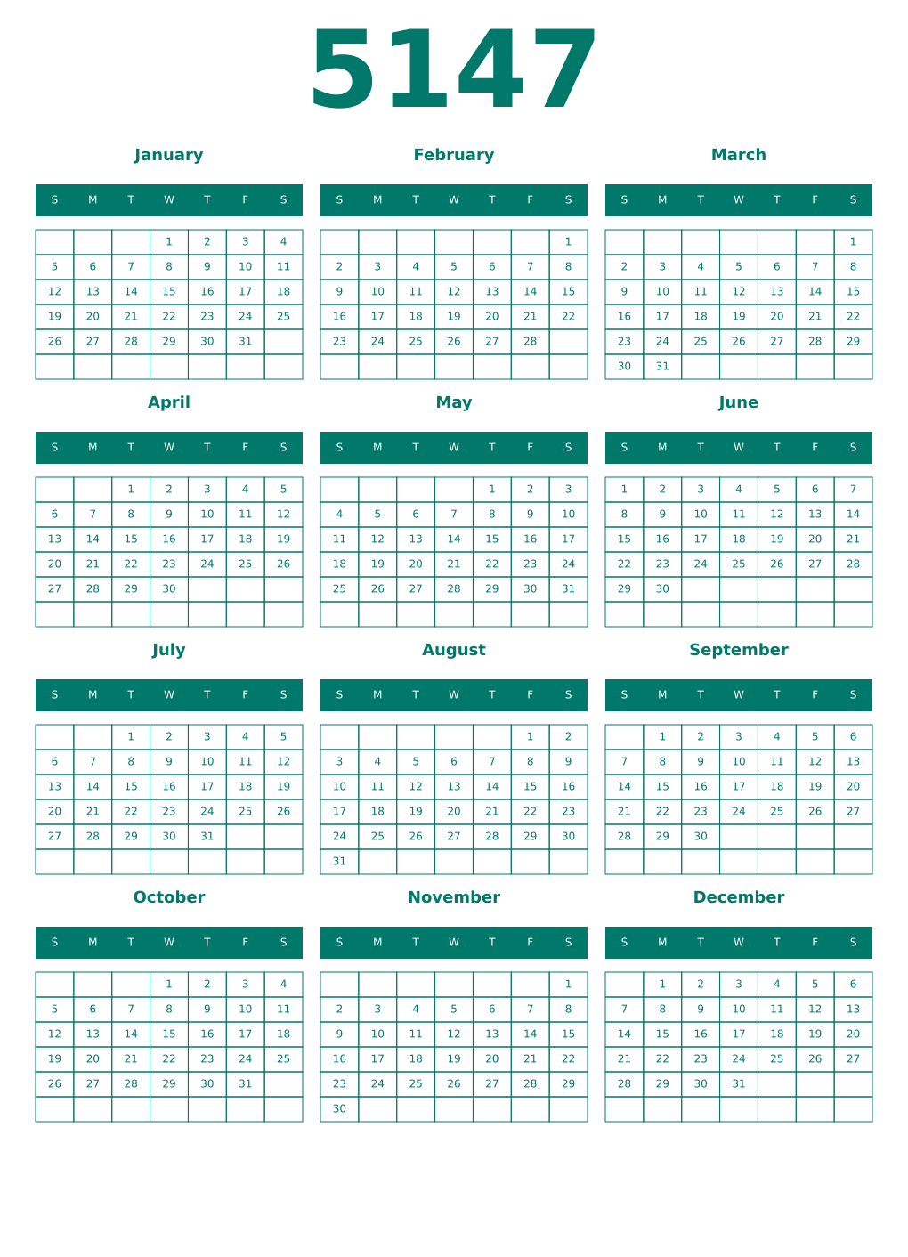 Printable 5147 Year Calendars pastel
