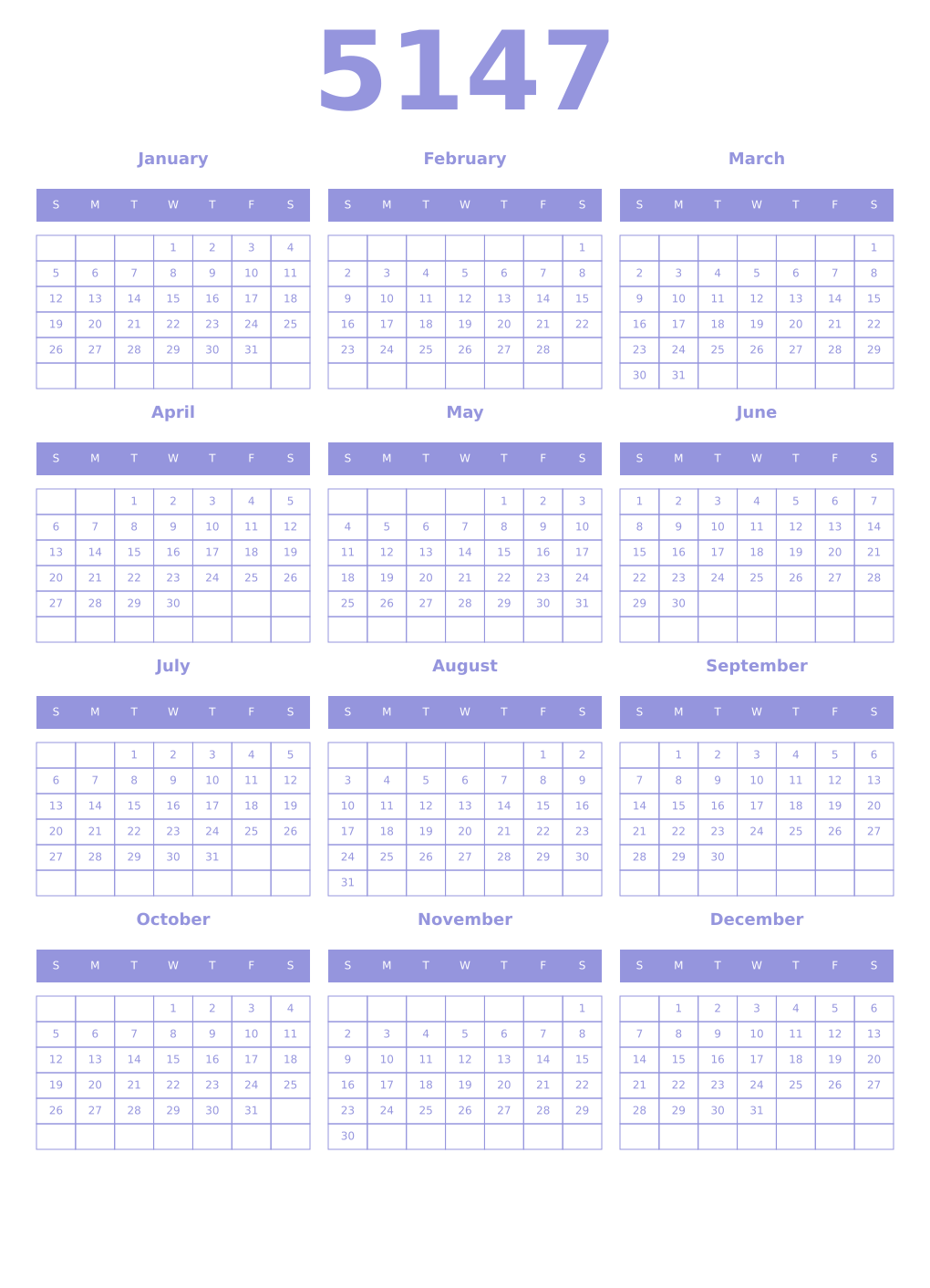 Printable 5147 Year Calendars periwinkle