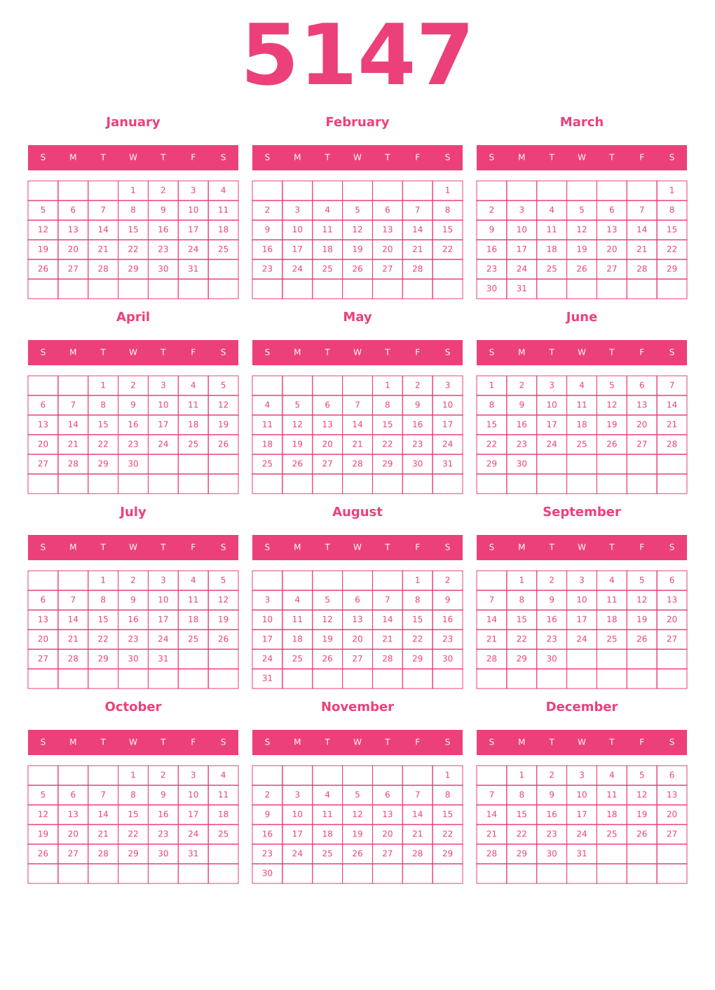Printable 5147 Year Calendars pink