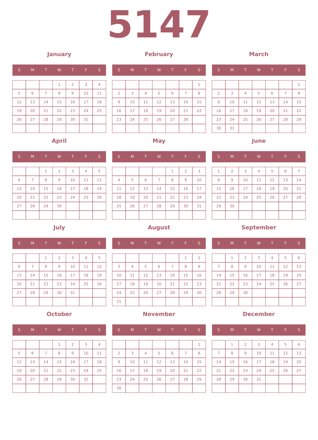 Printable 5147 Year Calendars puce