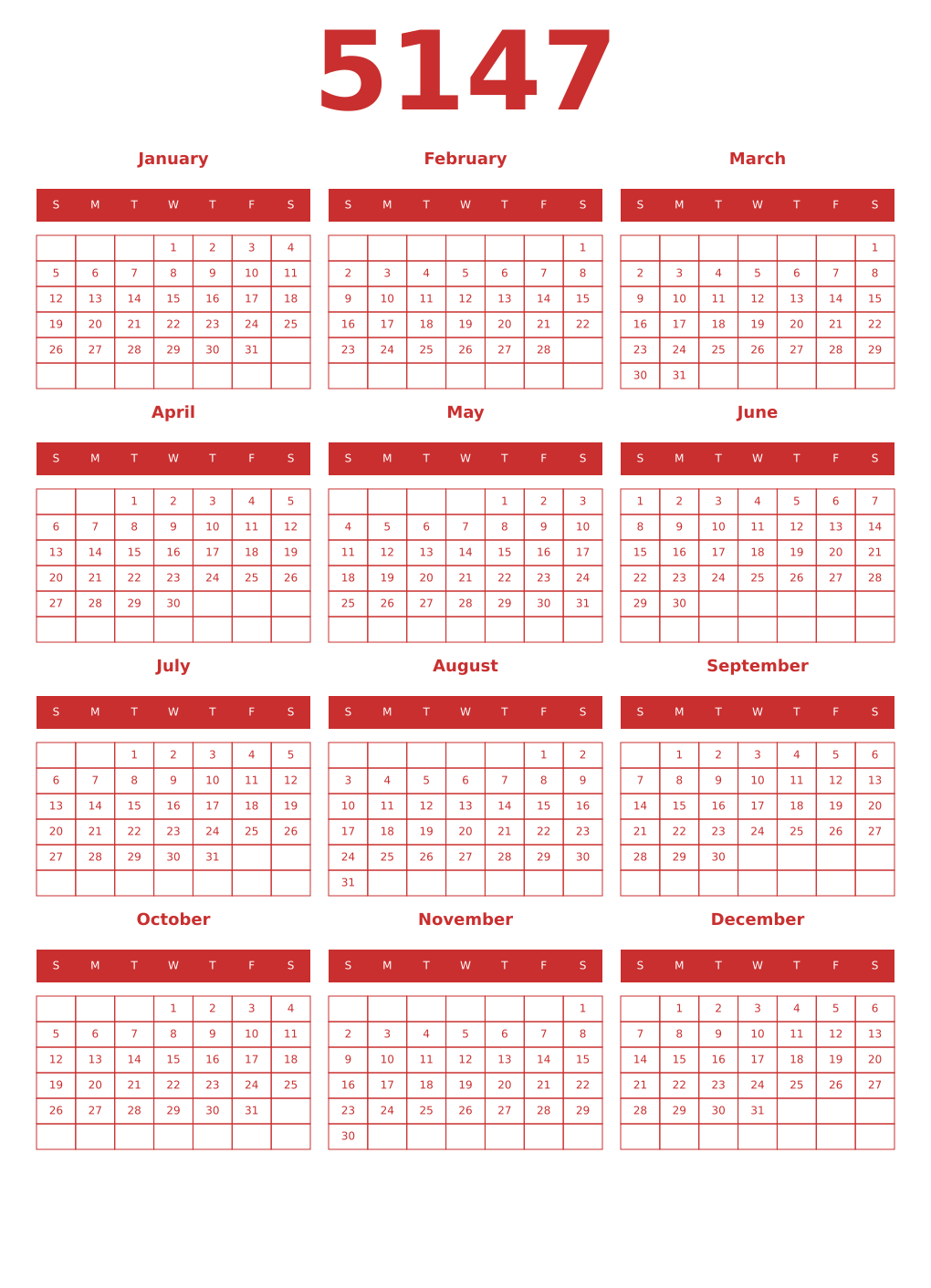 Printable 5147 Year Calendars red